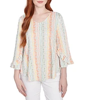 Ruby Rd. Stripe Floral Puff Print V-Neck 3/4 Bell Sleeve Top