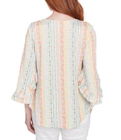 Ruby Rd. Stripe Floral Puff Print V-Neck 3/4 Bell Sleeve Top