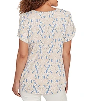 Ruby Rd. Embroidered Beaded Printed Sweetheart Neck Short Tulip Sleeve Top