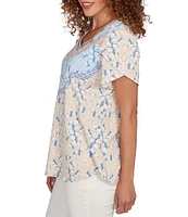 Ruby Rd. Embroidered Beaded Printed Sweetheart Neck Short Tulip Sleeve Top