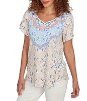 Ruby Rd. Embroidered Beaded Printed Sweetheart Neck Short Tulip Sleeve Top