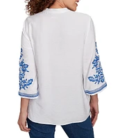 Ruby Rd. Embroidered Floral Banded Collar 3/4 Sleeve Button-Front Shirt