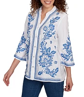 Ruby Rd. Embroidered Floral Banded Collar 3/4 Sleeve Button-Front Shirt