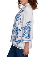 Ruby Rd. Embroidered Floral Banded Collar 3/4 Sleeve Button-Front Shirt
