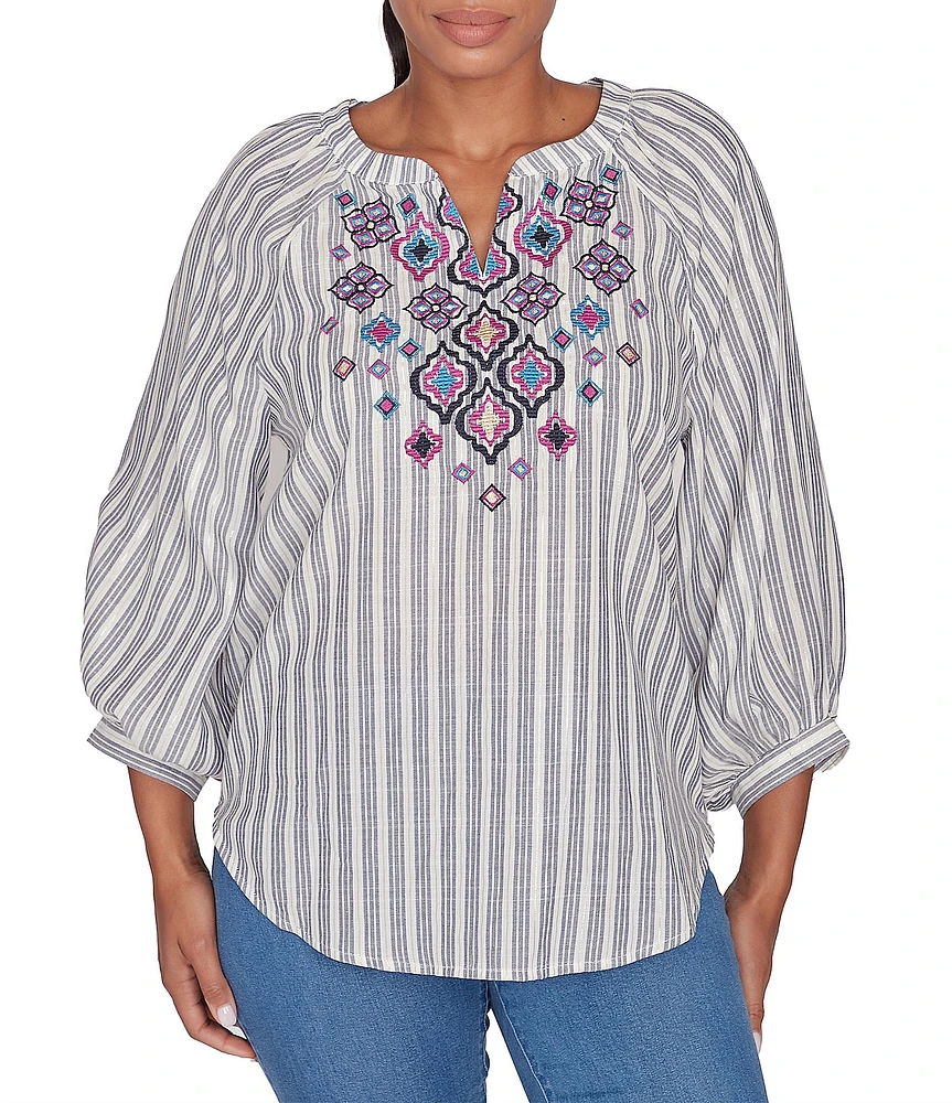 Ruby Rd. Embroidered Front Detail Yarn-Dyed Stripe Woven Notch Neck 3/4 Balloon Sleeve Blouse