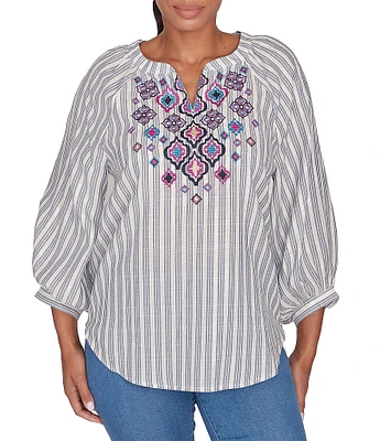 Ruby Rd. Embroidered Front Detail Yarn-Dyed Stripe Woven Notch Neck 3/4 Balloon Sleeve Blouse