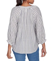 Ruby Rd. Embroidered Front Detail Yarn-Dyed Stripe Woven Notch Neck 3/4 Balloon Sleeve Blouse