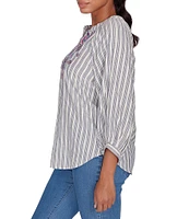 Ruby Rd. Embroidered Front Detail Yarn-Dyed Stripe Woven Notch Neck 3/4 Balloon Sleeve Blouse