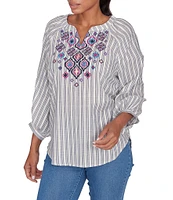 Ruby Rd. Embroidered Front Detail Yarn-Dyed Stripe Woven Notch Neck 3/4 Balloon Sleeve Blouse