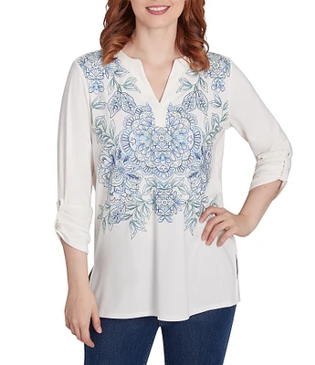 Ruby Rd. Embroidered Knit Split V-Neck 3/4 Roll-Tab Sleeve Top