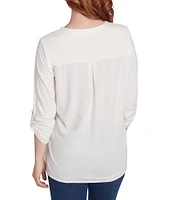 Ruby Rd. Embroidered Knit Split V-Neck 3/4 Roll-Tab Sleeve Top