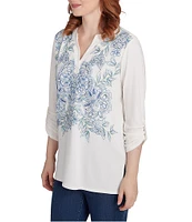 Ruby Rd. Embroidered Knit Split V-Neck 3/4 Roll-Tab Sleeve Top