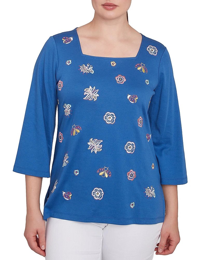Ruby Rd. Embroidered Knit Square Neck 3/4 Sleeve Top