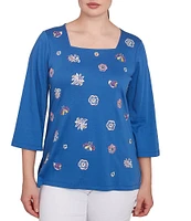Ruby Rd. Embroidered Knit Square Neck 3/4 Sleeve Top