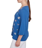 Ruby Rd. Embroidered Knit Square Neck 3/4 Sleeve Top