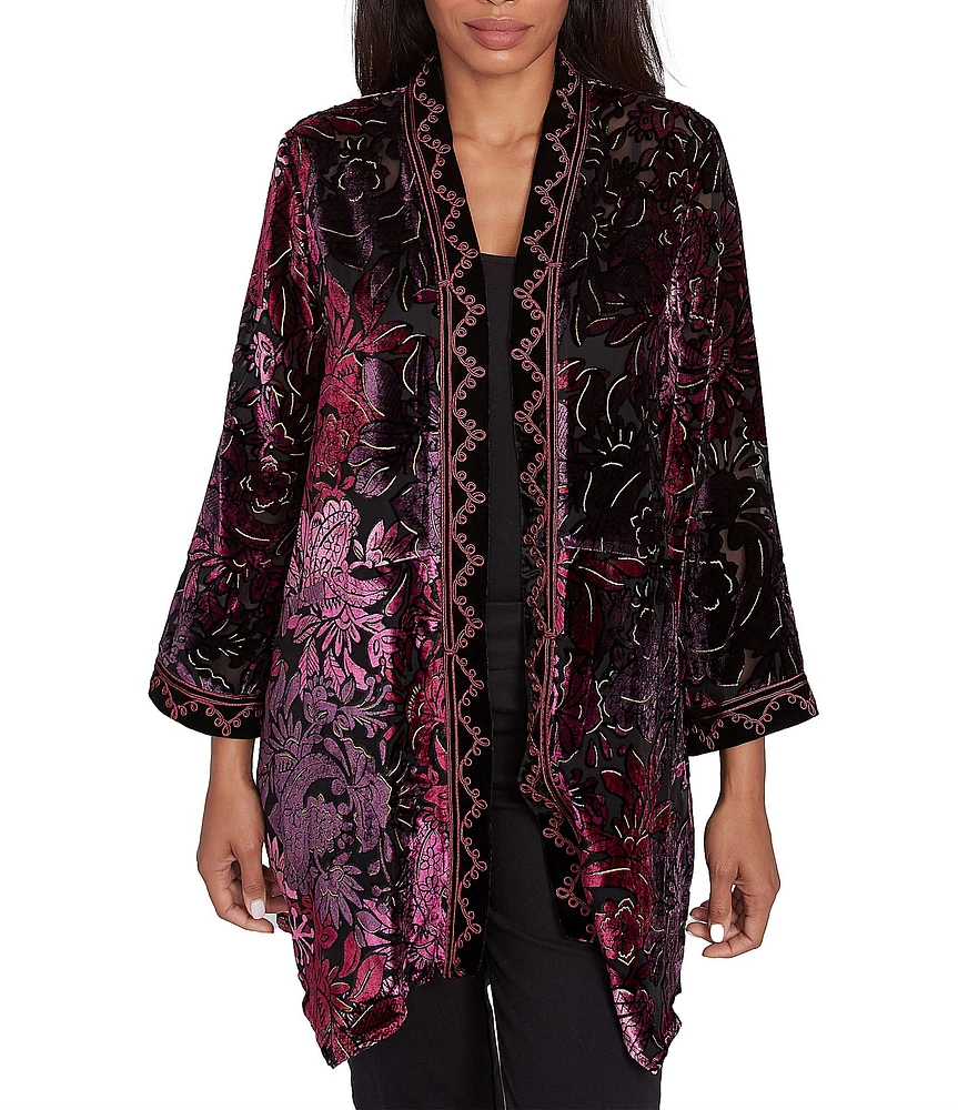 Ruby Rd. Embroidered Paisley Velvet Shawl Neck Long Sleeve Open Front Cardigan Sweater