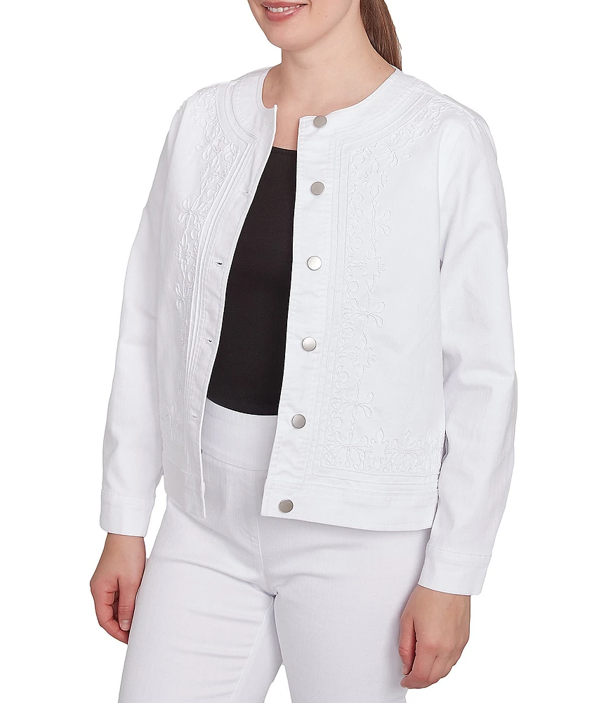 Ruby Rd. Embroidered Round Neck Long Sleeve Button-Front Denim Jacket