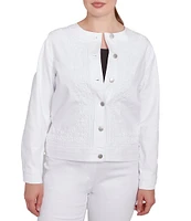 Ruby Rd. Embroidered Round Neck Long Sleeve Button-Front Denim Jacket