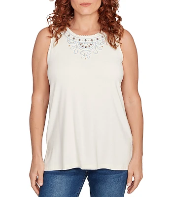 Ruby Rd. Embroidered Soft Jersey Knit Embellished Crew Neck Sleeveless Top