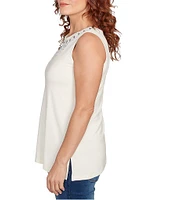 Ruby Rd. Embroidered Soft Jersey Knit Embellished Crew Neck Sleeveless Top