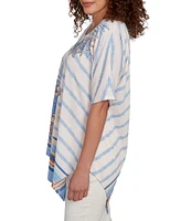 Ruby Rd. Embroidered Stripe Scoop Neck Short Sleeve Asymmetric Hem Knit Top