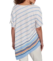 Ruby Rd. Embroidered Stripe Scoop Neck Short Sleeve Asymmetric Hem Knit Top