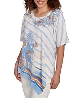 Ruby Rd. Embroidered Stripe Scoop Neck Short Sleeve Asymmetric Hem Knit Top