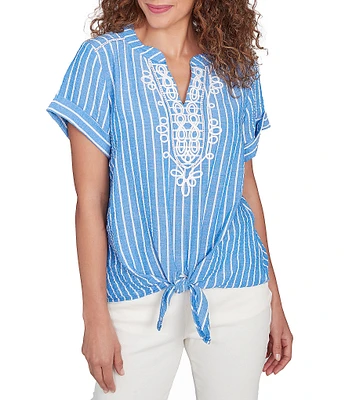 Ruby Rd. Embroidered Stripe Split V-Neck Short Sleeve Tie-Front Top