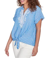 Ruby Rd. Embroidered Stripe Split V-Neck Short Sleeve Tie-Front Top