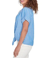 Ruby Rd. Embroidered Stripe Split V-Neck Short Sleeve Tie-Front Top