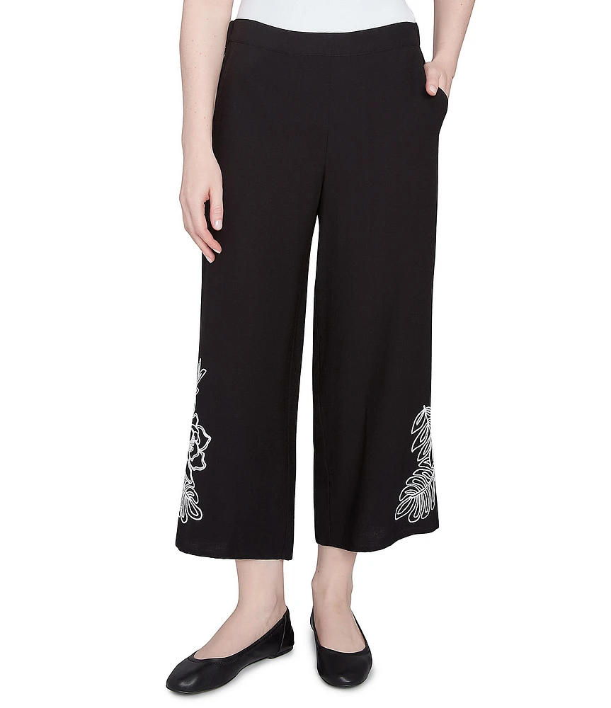 Ruby Rd. Embroidered Tropical Fern Wide Leg Pull-On Cropped Pants