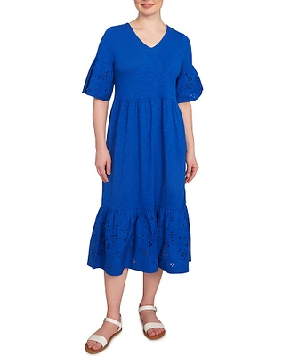 Ruby Rd. Embroidered V-Neck Elbow Sleeve Tiered Hem Midi Dress