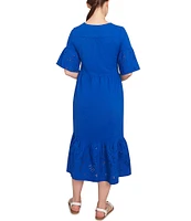Ruby Rd. Embroidered V-Neck Elbow Sleeve Tiered Hem Midi Dress