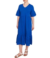 Ruby Rd. Embroidered V-Neck Elbow Sleeve Tiered Hem Midi Dress
