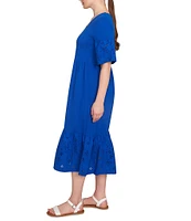 Ruby Rd. Embroidered V-Neck Elbow Sleeve Tiered Hem Midi Dress