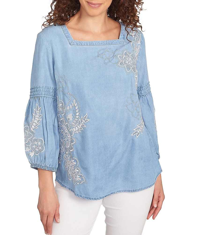 Ruby Rd. Embroidery Floral Square Neck 3/4 Bishop Sleeve Top