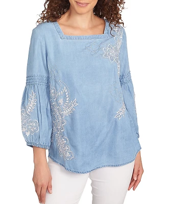 Ruby Rd. Embroidery Floral Square Neck 3/4 Bishop Sleeve Top