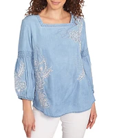 Ruby Rd. Embroidery Floral Square Neck 3/4 Bishop Sleeve Top