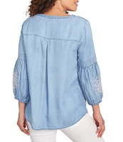 Ruby Rd. Embroidery Floral Square Neck 3/4 Bishop Sleeve Top