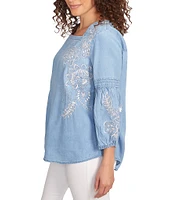 Ruby Rd. Embroidery Floral Square Neck 3/4 Bishop Sleeve Top