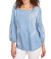 Ruby Rd. Embroidery Floral Square Neck 3/4 Bishop Sleeve Top