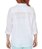 Ruby Rd. Eyelet Diamond Woven Point Collar 3/4 Roll-Tab Sleeve Button-Front Shirt