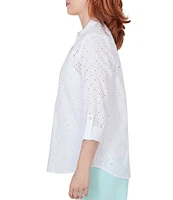 Ruby Rd. Eyelet Diamond Woven Point Collar 3/4 Roll-Tab Sleeve Button-Front Shirt