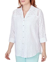 Ruby Rd. Eyelet Diamond Woven Point Collar 3/4 Roll-Tab Sleeve Button-Front Shirt