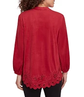 Ruby Rd. Faux Suede Embroidered Knit Split V-Neck Bracelet Sleeve Button-Font Top