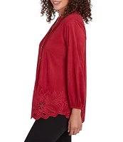 Ruby Rd. Faux Suede Embroidered Knit Split V-Neck Bracelet Sleeve Button-Font Top