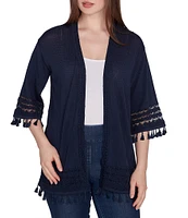 Ruby Rd. Fine-Gauze Tassel Lace Trim 3/4 Sleeve Open-Front Cardigan