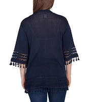 Ruby Rd. Fine-Gauze Tassel Lace Trim 3/4 Sleeve Open-Front Cardigan