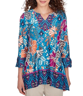 Ruby Rd. Floral Contrast Border Print Fringe Trim Detail V-Neck 3/4 Sleeve Tunic Top