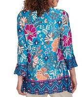 Ruby Rd. Floral Contrast Border Print Fringe Trim Detail V-Neck 3/4 Sleeve Tunic Top